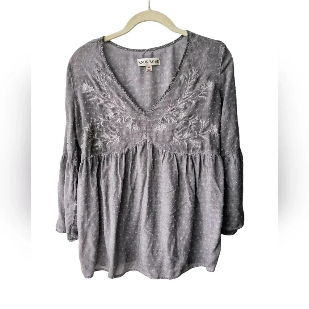 Knox Rose Women's Boho Girly Feminine Embroidered Three Quarter Sleeve Top M - Picture 2 of 9